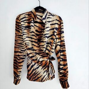 Lafayette 148 New York Black Gold Brown Animal Print Silk Wrap Blouse